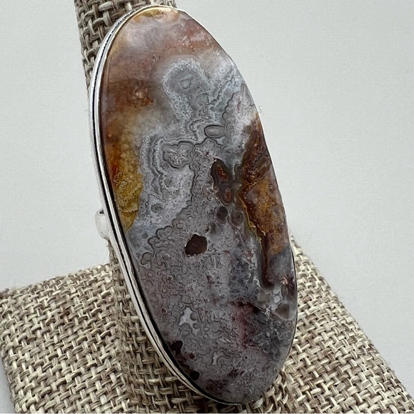New Large Statement Mexican Laguna Agate Stone Silver Overlay Ring Size 7.75 - Picture 9 of 9